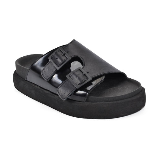 Corea Black | Leather Platform Flat Sandals