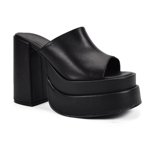 Finlandia | Black Leather Extra Platform Slide Sandals
