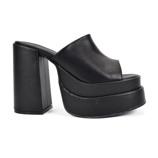 Finlandia | Black Leather Extra Platform Slide Sandals