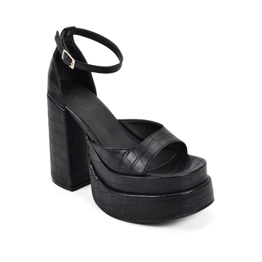 Qatar Croc | Black Leather Double Platform