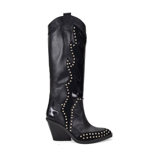 Piu Piu | Black Leather Studded Cowgirl Boots